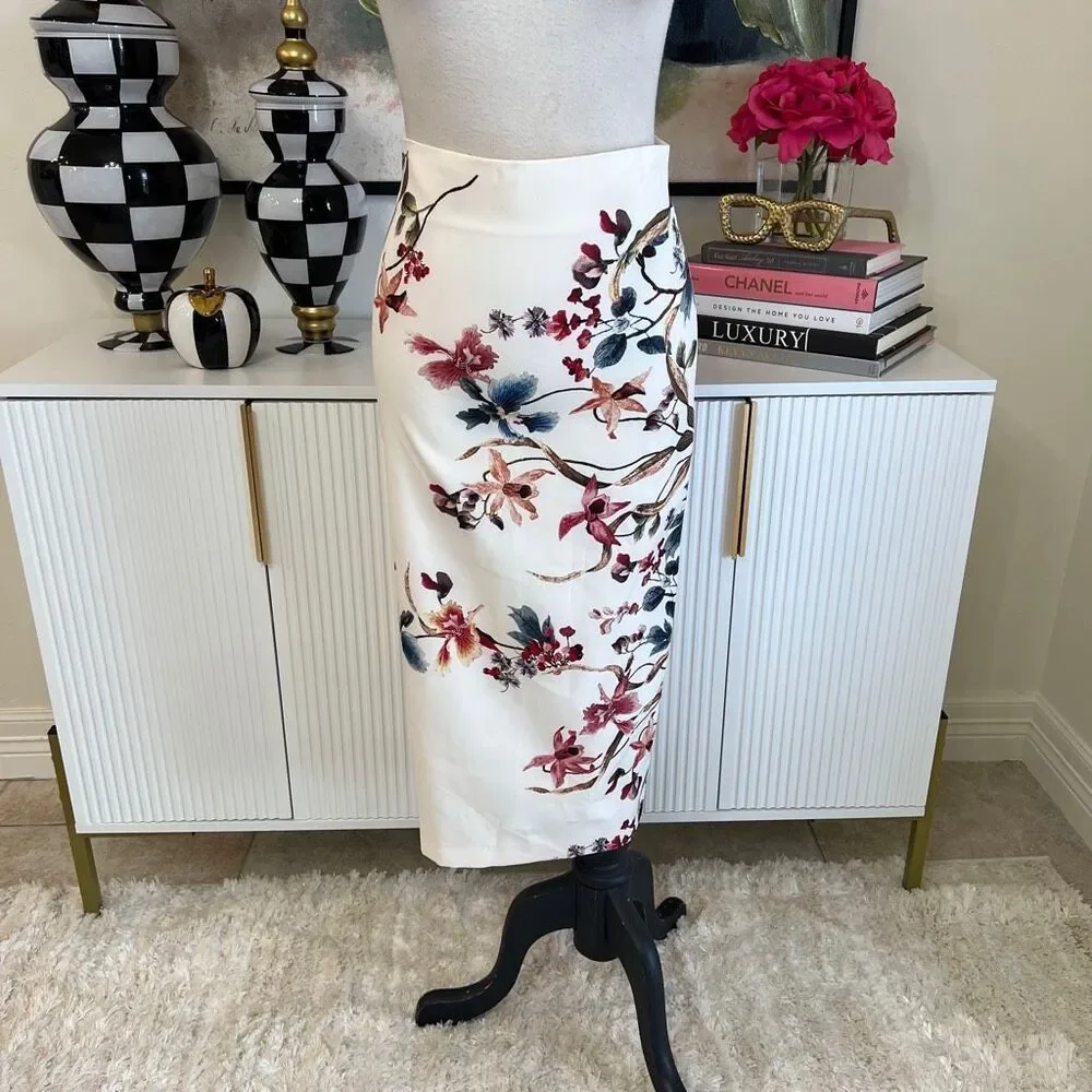 Zara Women's Floral High Waisted Midi Straight Pencil Skirt Ivory Red Sz XS NWT